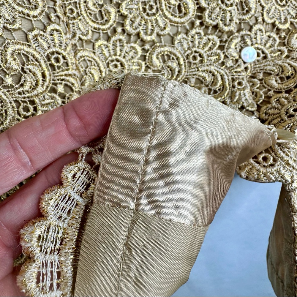 Talbots Gold Lace Formal Bolero Jacket with Gold MetallicThread has shimmer - Picture 5 of 7